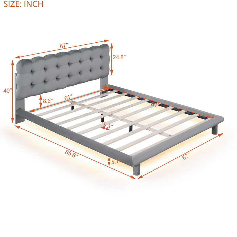 Gray Velvet Platform Bed with LED Frame