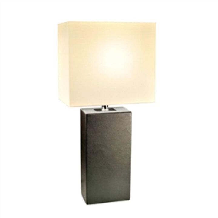 Hivvago Contemporary Black Leather Table Lamp with White Fabric Shade