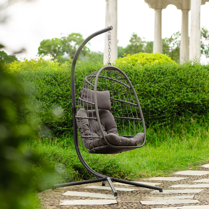Outdoor Patio Wicker Hanging Chair Swing Chair Patio Egg Chair UV Resistant Dark Cushion