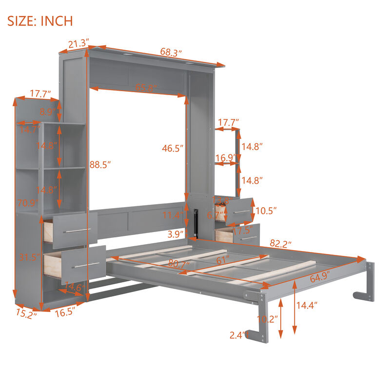 Queen Size Murphy Bed Wall Bed With Shelves, Drawers And LED Lights