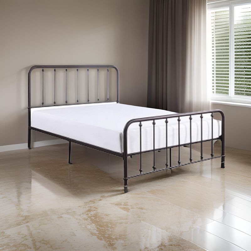 Ken Queen Bed, Vertical Slatted Headboard, Footboard, Dark Bronze Metal - Benzara