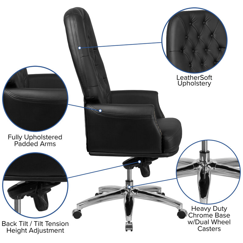 Hansel High Back Traditional Tufted Black LeatherSoft Multifunction Executive Swivel Ergonomic Office Chair with Arms