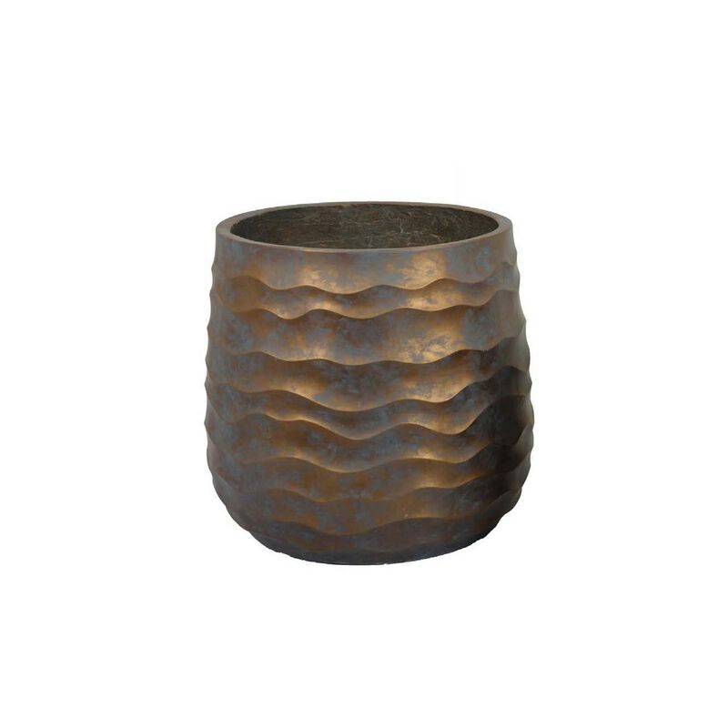 18 Inch Planter Set of 2, Wavy Design, Indoor Outdoor Rustic Bronze Resin - Benzara