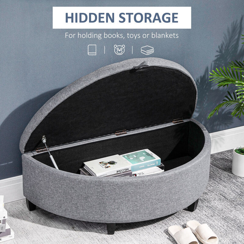 Foldable Tufted Linen Storage Seat Semicircle Footrest Box w/ Legs Lift Top