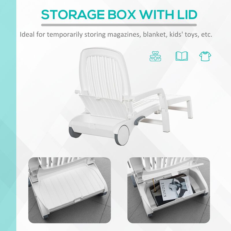 White Patio Lounger: Chaise Chair with Wheels and Storage Box