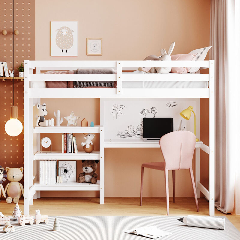 Twin Size Wooden Loft Bed With Shelves, Desk And Writing Board