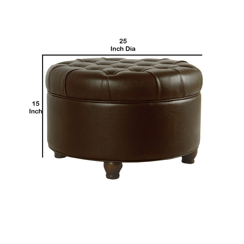 Leatherette Upholstered Wooden Ottoman with Tufted Lift Off Lid Storage, Brown - Benzara