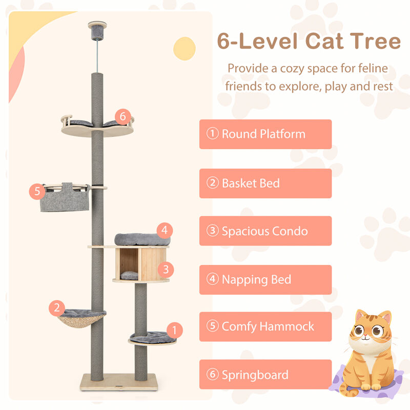 6-Tier Floor-to-Ceiling Cat Tree with Adjustable Height for Indoor Cats