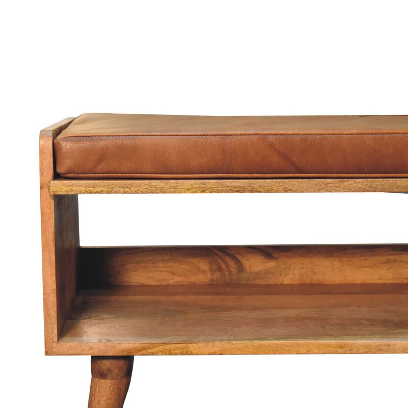 Artisan Furniture  Solid WoodOak-ish Bench with Tan Leather Seat-pad
