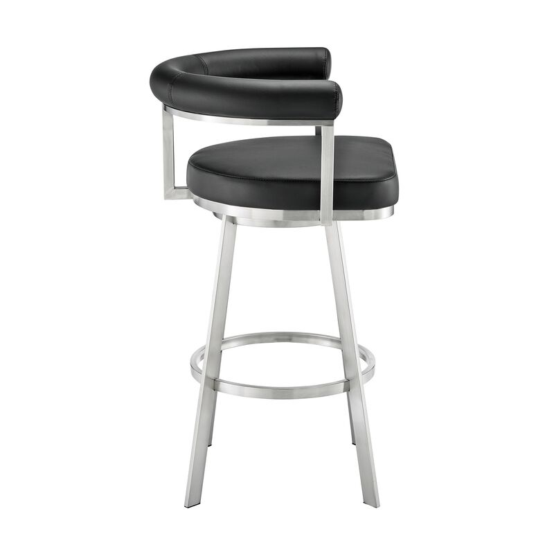 Weni 26 Inch Swivel Counter Stool Chair, Barrel Open Back, Chrome, Black - Benzara