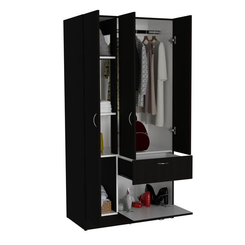 DEPOT E-SHOP Cartagena Armoire, One Drawer, Metal Rod, Five Shelves, Double Door Cabinet, Black / White