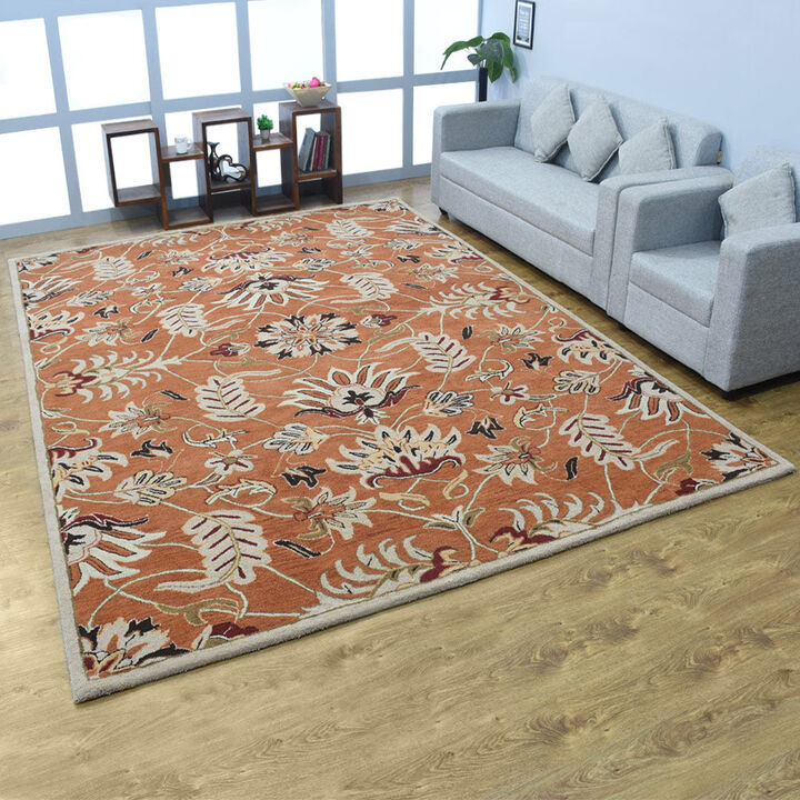 RUGSOTIC CARPETS HAND TUFTED WOOL ECO-FRIENDLY AREA RUGS  - 9'x12', Rectangle Shape, Orange, Floral Modern Design, High Pile Thick Handmade Anti Skid Area Rugs for Living Room, Bed Room (K00268)