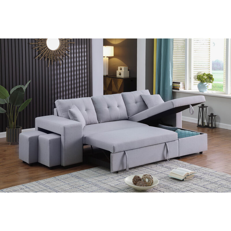 Dennis Light Gray Linen Fabric Reversible Sleeper Sectional With Storage Chaise And 2 Stools