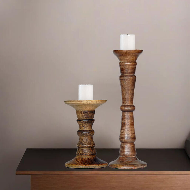 Traditional Medium Burnt Eco-friendly Handmade Mango Wood Set Of Two 6" & 15" Pillar Candle Holder BBH Homes