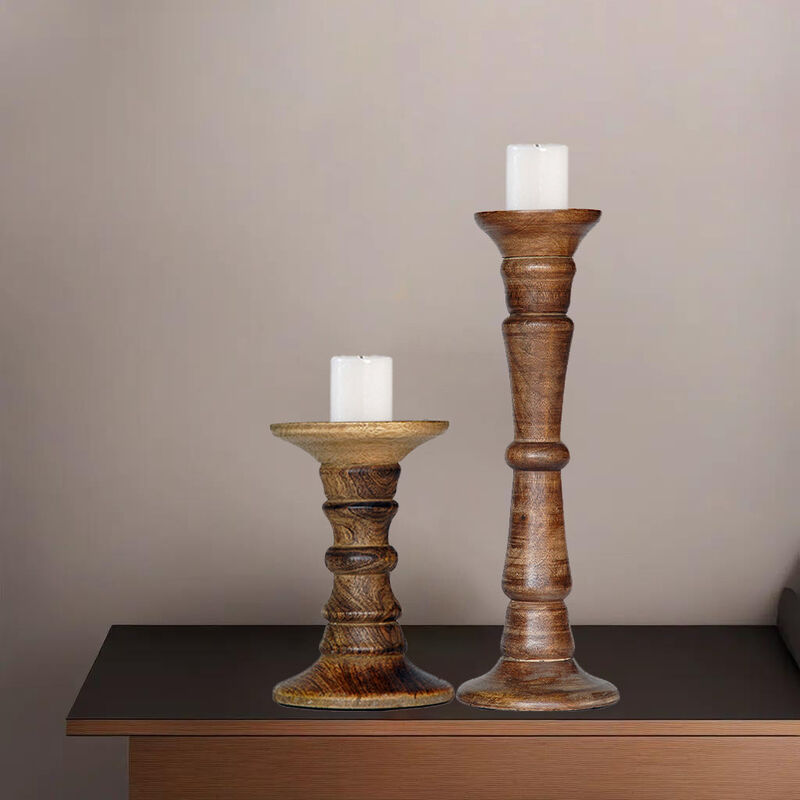 Traditional Medium Burnt Eco-friendly Handmade Mango Wood Set Of Two 6" & 15" Pillar Candle Holder BBH Homes