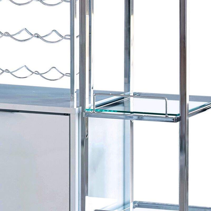 6 Glass Shelf Metal Frame Bar Cabinet with Power Outlet, Clear and Chrome-Benzara
