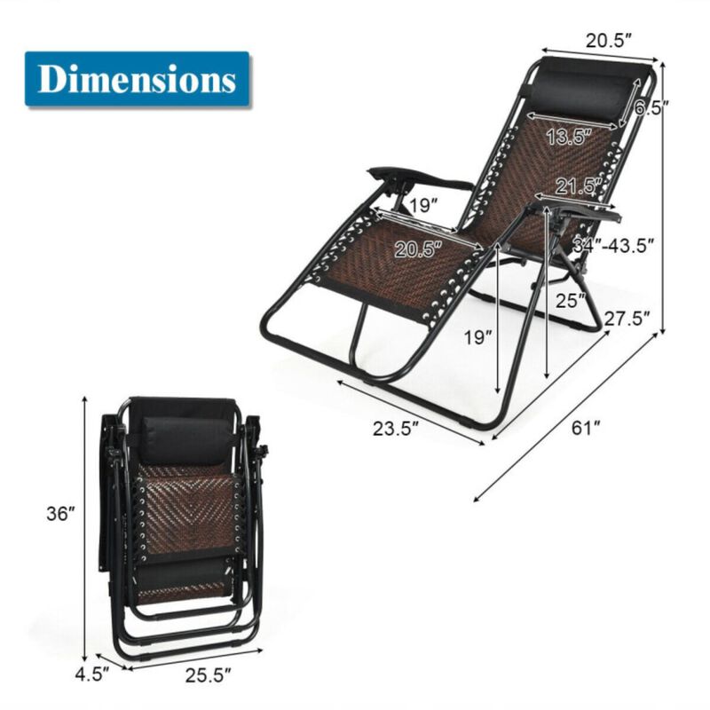 Hivvago Folding Rattan Zero Gravity Lounge Chair with Removable Head Pillow