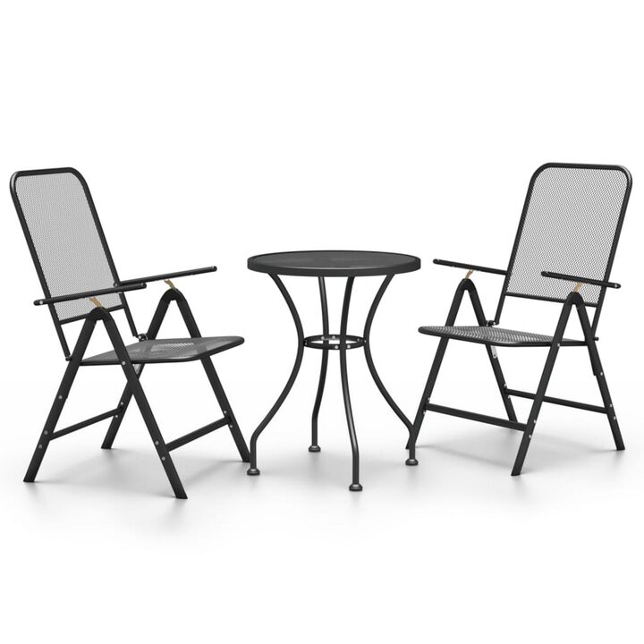 Troy 3pc Outdoor Foldable Dining Chair and Table Set, Mesh Gray Metal - Benzara