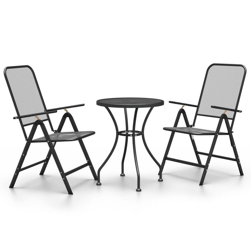 Troy 3pc Outdoor Foldable Dining Chair and Table Set, Mesh Gray Metal - Benzara