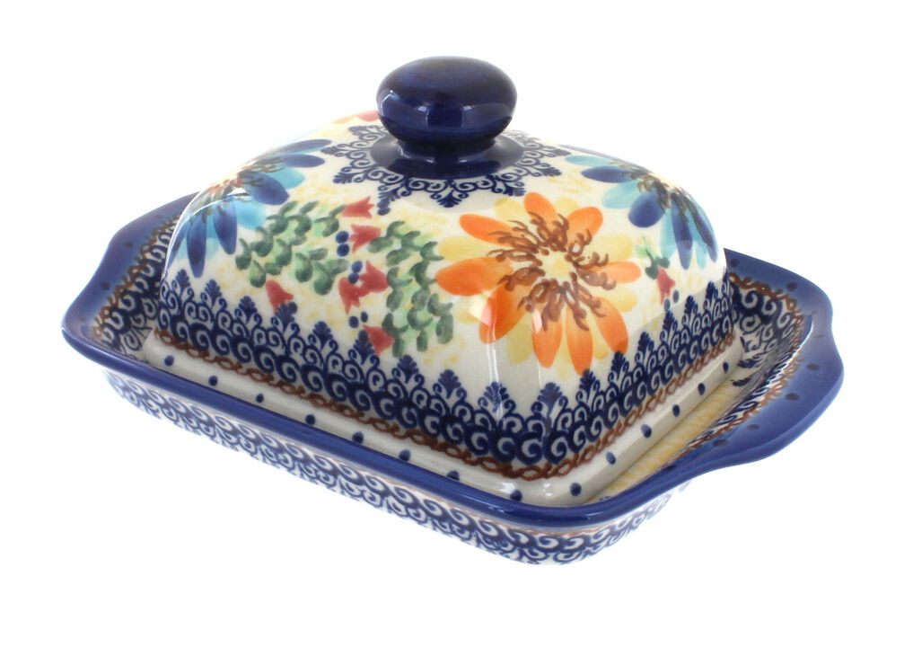 Blue Rose Polish Pottery Garden of Eden Square Butter Dish