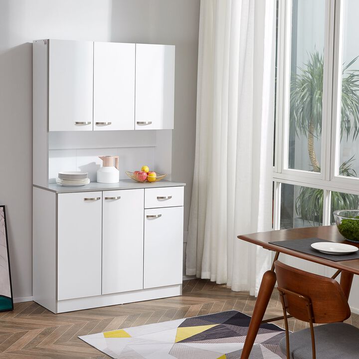 Expansive Kitchen Storage: 71" White Buffet with Hutch, 6 Doors & Drawer