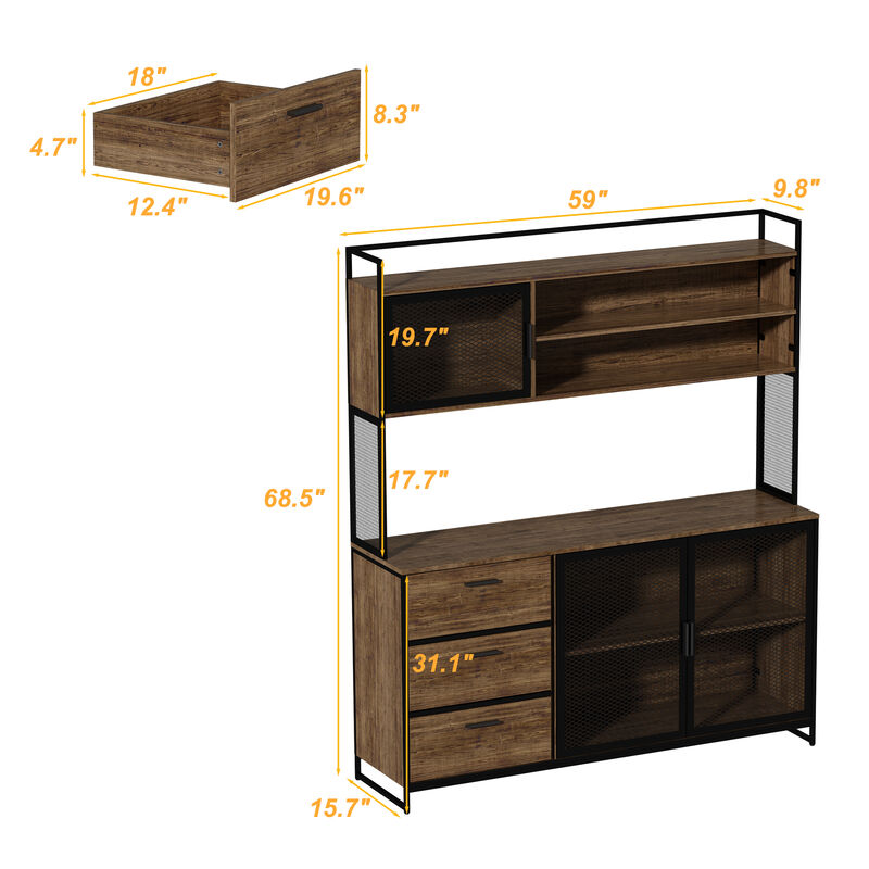 59 in. W Brown Large Kitchen Pantry Organizers Cabinet Buffet with 3-Drawers, 6 Shelves and Metal Mesh Doors