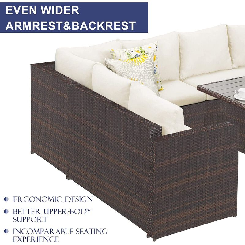 7-Pieces PE Rattan Wicker Patio Dining Sectional Cusions Sofa Set With Ivory Cushions