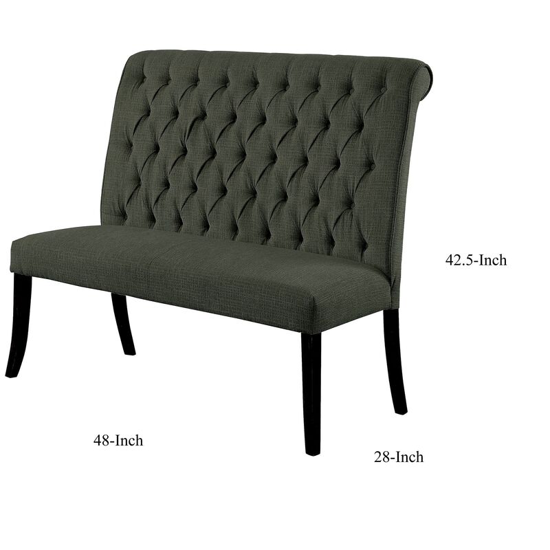 Button Tufted Fabric Upholstered Wooden Love Seat Bench, Beige and Black-Benzara