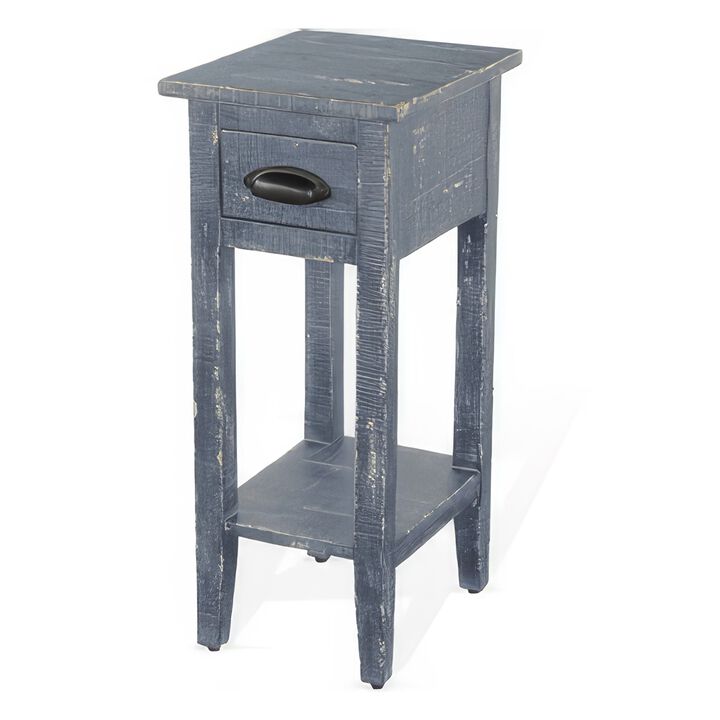 Rena Chairside Table with Drawer and Shelf, 14 Inch Blue Mahogany Wood - Benzara