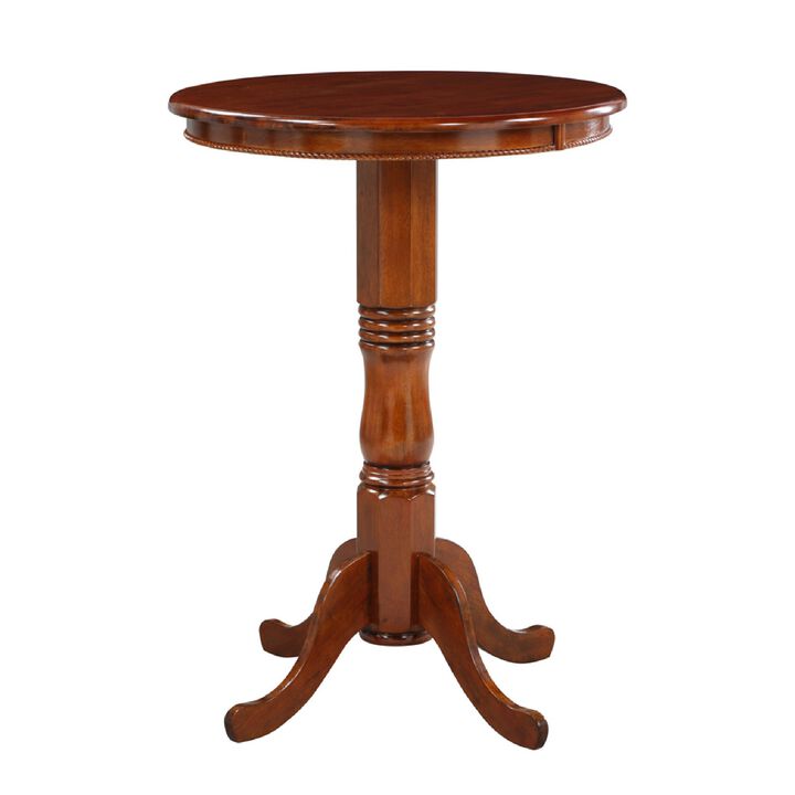 32 Inch Round Pub Bar Table, Classic Turned Pedestal, MDF Wood, Walnut Brown-Benzara