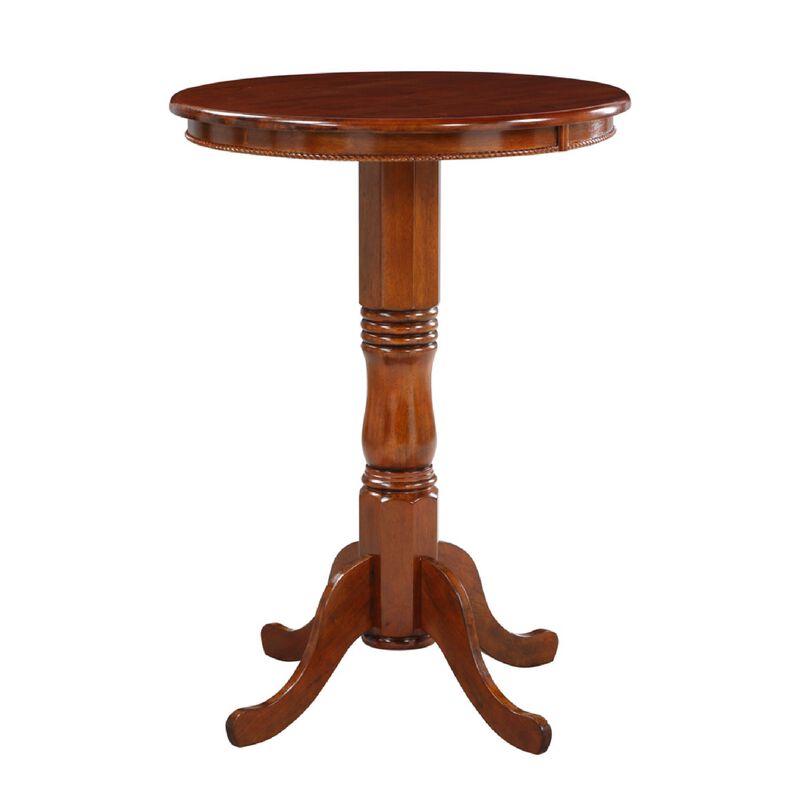 32 Inch Round Pub Bar Table, Classic Turned Pedestal, MDF Wood, Walnut Brown-Benzara