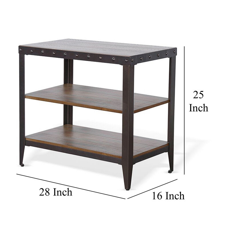 Ayka Chairside Table w 2 Shelf, Nailhead, 28 Inch Rectangular Brown - Benzara