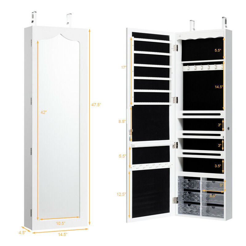 Door Hanging Mirror Jewelry Armoire with Full Length Mirror and 6 Drawers