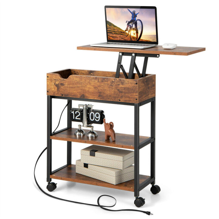 Rolling Bedside Table with Adjustable Tabletop, USB Ports & Power Outlets