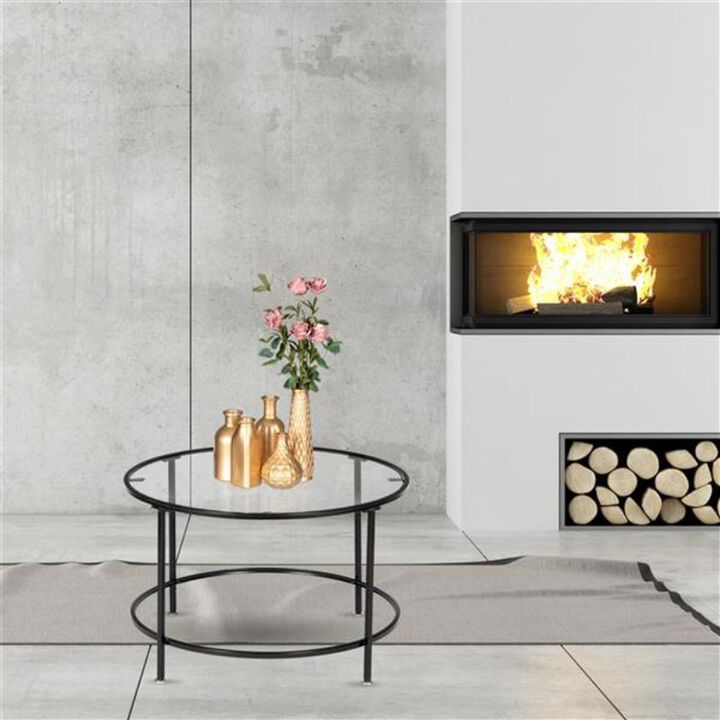 2-Layer Tempered Glass Countertop Round Wrought Iron Coffee Table Stylish & Durable Living Room Furniture