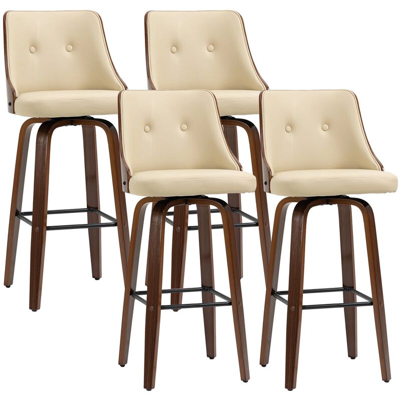 Beige Bar Seating: Set of 4 PU Leather Swivel Stools with Tufted Back
