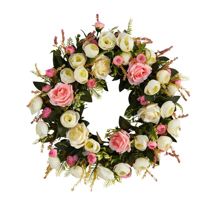 Nearly Natural 20-in White & Pink Rose Artificial Wreath