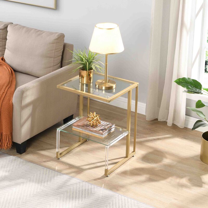Golden Side Table, 2-Tier Acrylic Glass End Table For Living Room Bedroom