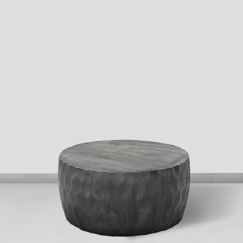 Val 34 Inch Handcrafted Mango Wood Coffee Table, Hammered Round Drum Shape, Honeycomb, Rustic Gray-Benzara