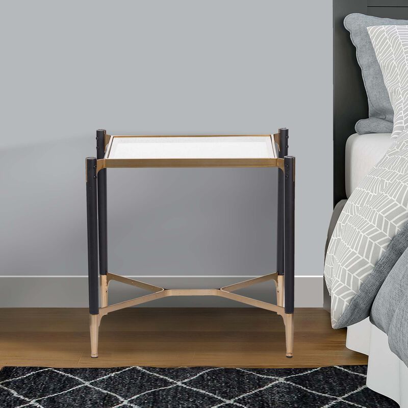 24 Inch Accent Side Table, Iron Frame, Glass Top, Modern, Gold, Black - Benzara