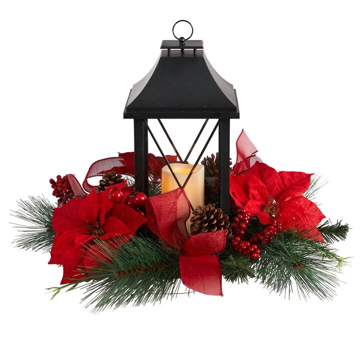 Nearly Natural 15-in Holiday Poinsettia, Pinecone and Greenery with Lantern and Included LED Candle Artificial Table Christmas Arrangement