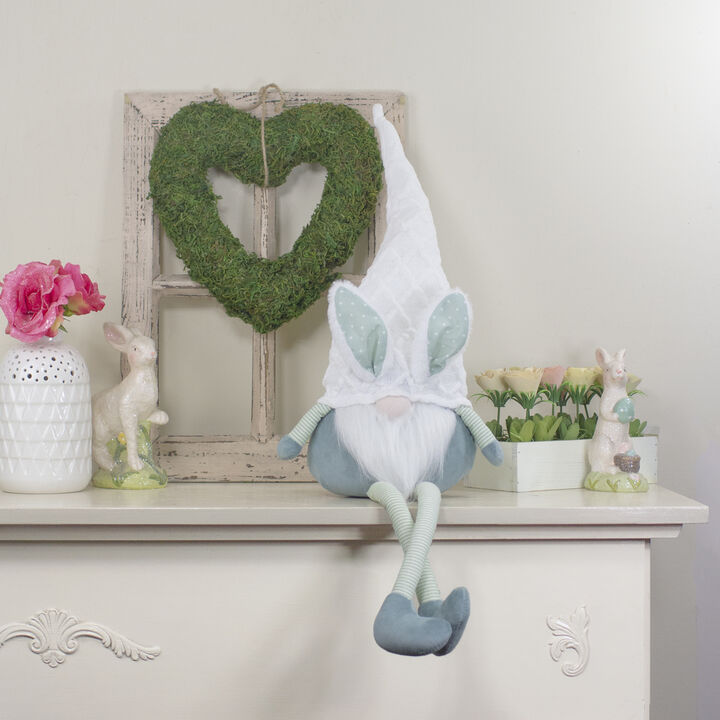 33" White and Green Sitting Easter Gnome with Bunny Ears and Dangling Legs
