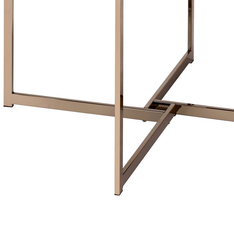 Coffee Table with X Shaped Metal Base and Round Wooden Top, Gold and Gray-Benzara