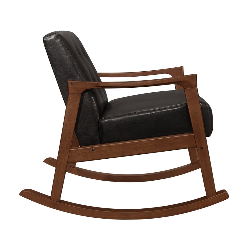 Ciao 37 Inch Rocking Chair Armchair, Dark Brown Faux Leather, Solid Wood - Benzara