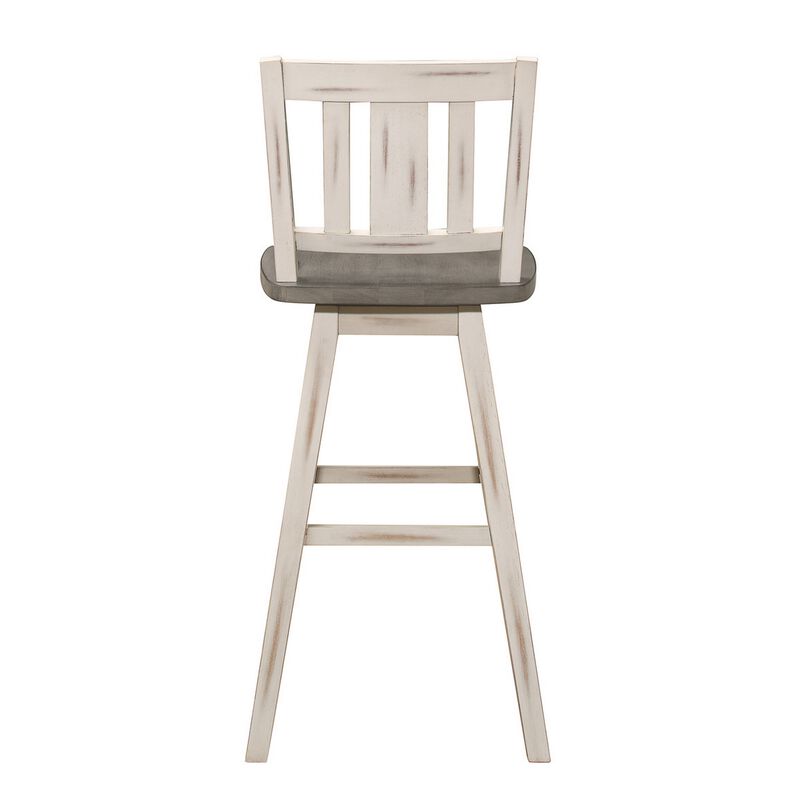 Ati 29 Inch Bar Height Stool Swivel Chairs Set of 2, Vertical Slat Back, Gray, White - Benzara