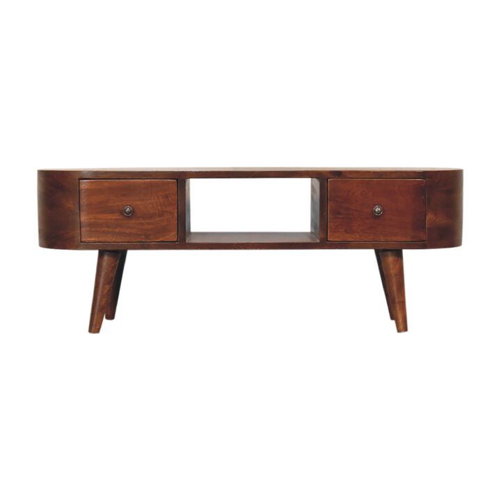 Chestnut Rounded Solid Wood 2 Drawer  Coffee Table with Open Slot
