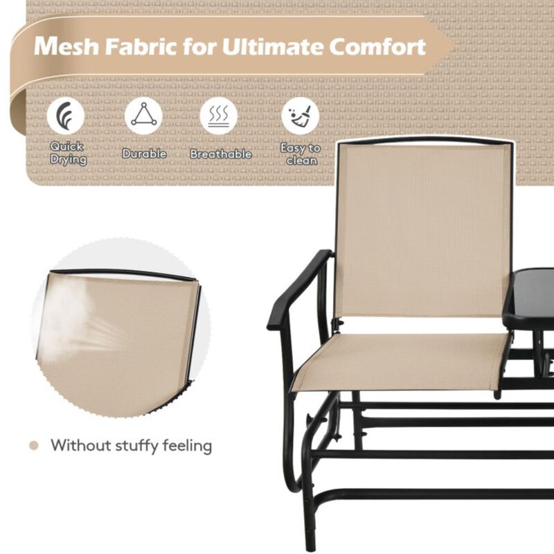 Hivvago 2-Person Double Rocking Loveseat with Mesh Fabric and Center Tempered Glass Table