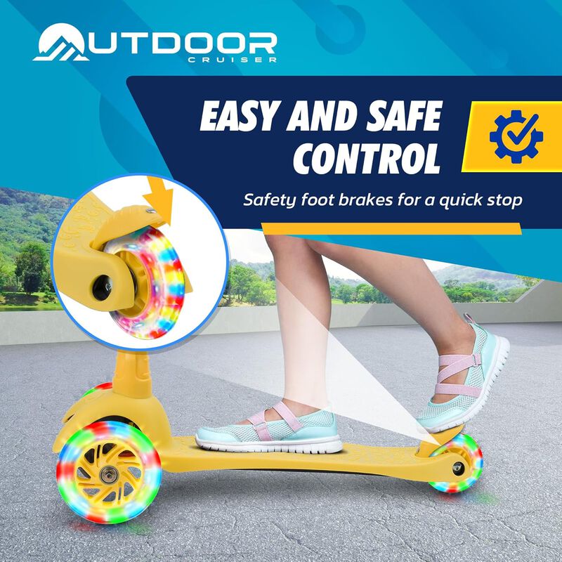 Outdoor Cruiser 3-Wheel Kids Scooter – with Lean-to-Steer Technology, Led Lighted Wheel, 4-Level Adjustable Height T-bar Handle, Support Kids Up to 150 Lbs, for Boys & Girls Ages 3-8