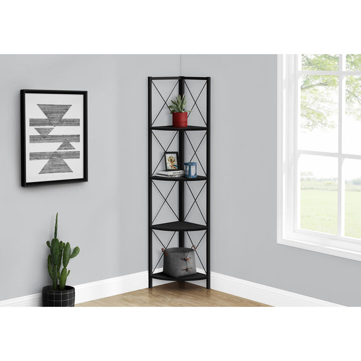 Monarch Specialties I 3649 Bookshelf, Bookcase, Etagere, Corner, 4 Tier, 60"H, Office, Bedroom, Metal, Laminate, Black, Contemporary, Modern