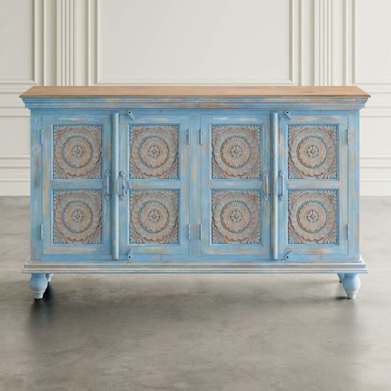 Jofran 71" Solid Wood Boho Distressed Sideboard Cabinet with Artisan Carved Doors